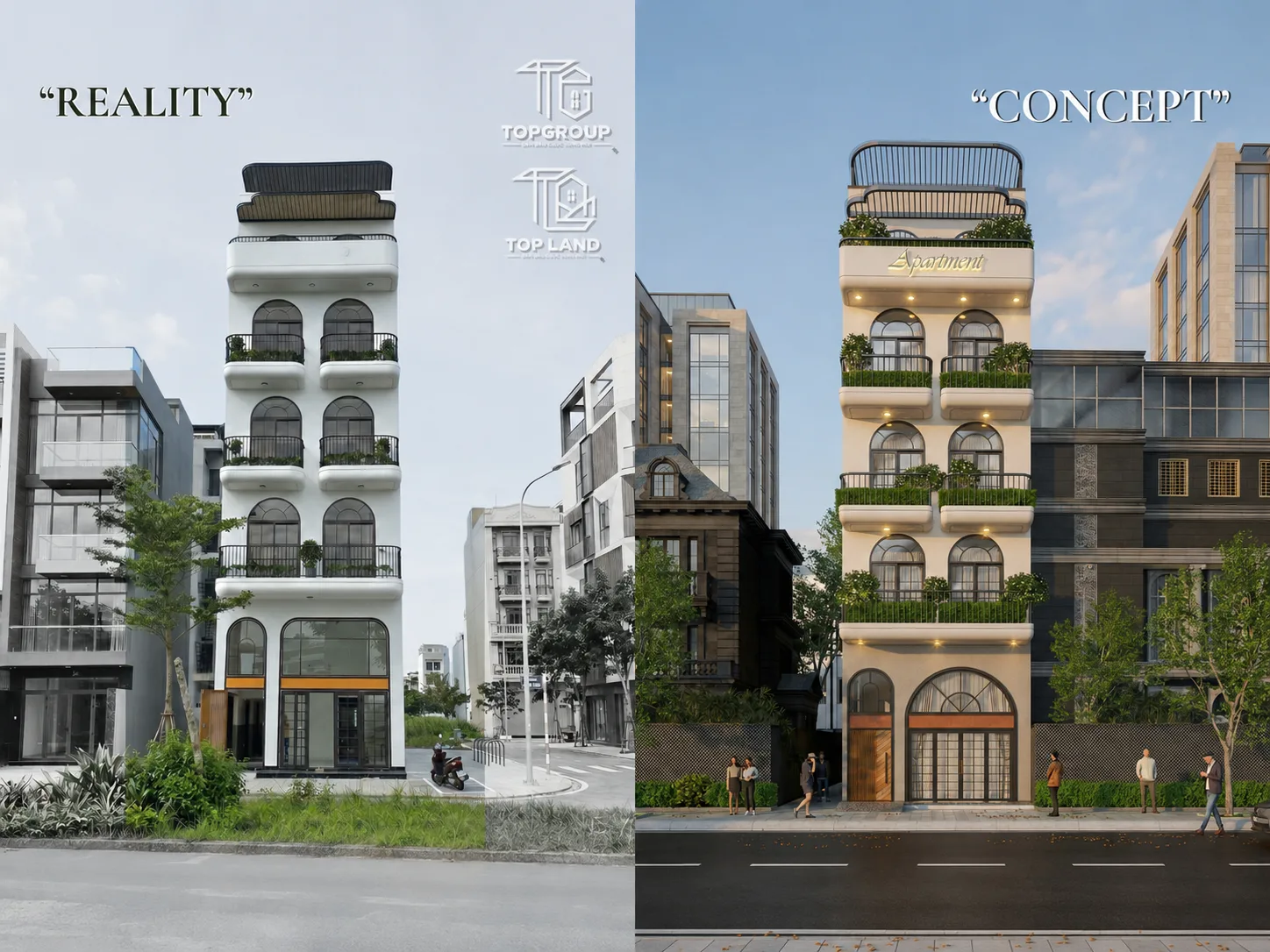 Sự đồng bộ tuyệt đối giữa mô hình Concept 3D và công trình Reality thực tế của TB Apartment do TOP GROUP thực hiện.